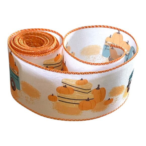 Fall Pumpkin Truck Ribbon 🎃 2.5” Wired Ribbon for Autumn Wreaths & Crafts - Picture 2 of 4